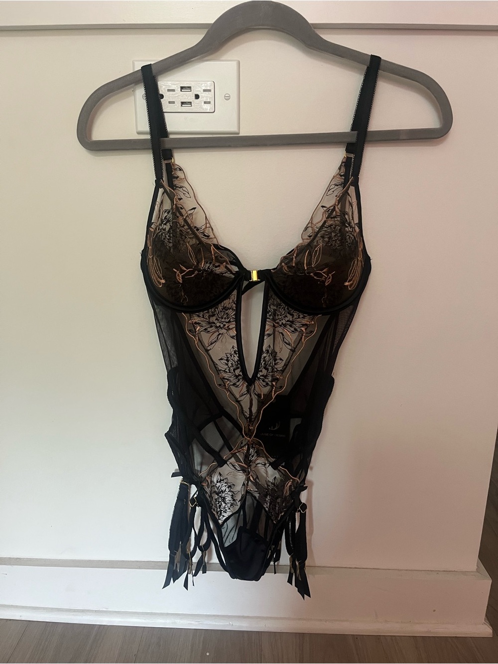 Sheer Black & Gold Embroidered Lace Bodysuit
